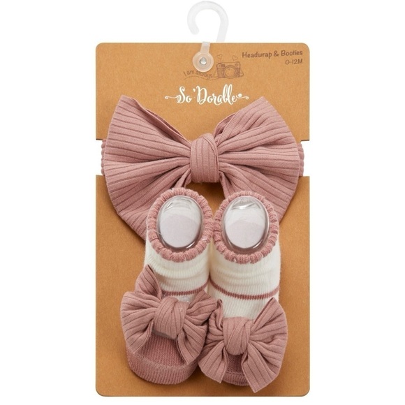 Other - So'dorable 2 Piece Rib Bow Headwrap and Booties Set - Pink/White